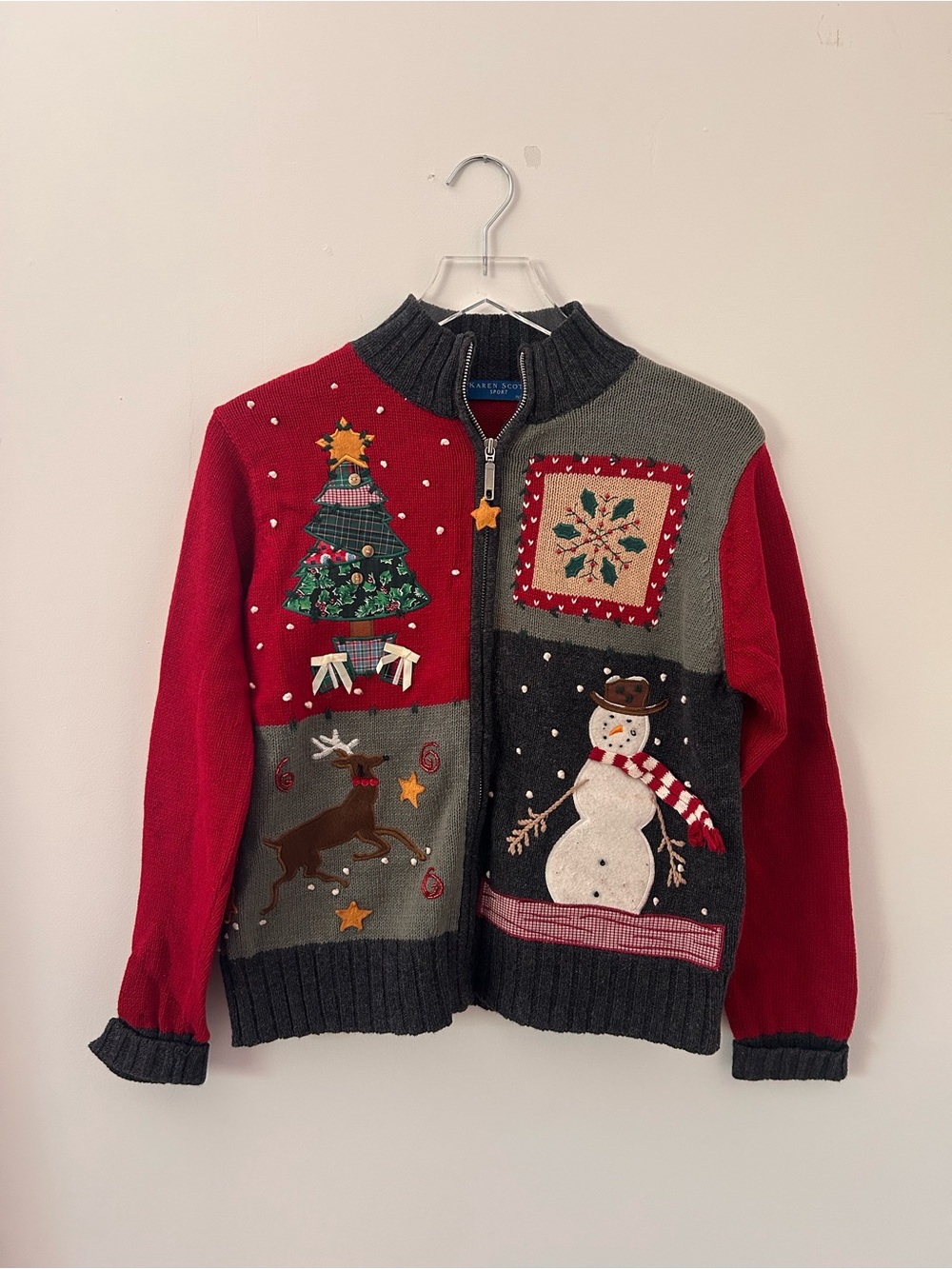 Vintage Karen Scott Sport Sweater Cardigan Christmas Tree Snowman Zip Petite M